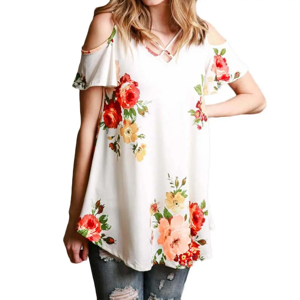 Женские пляжные летние топы Boho с цветочным принтом и коротким рукавом блузка