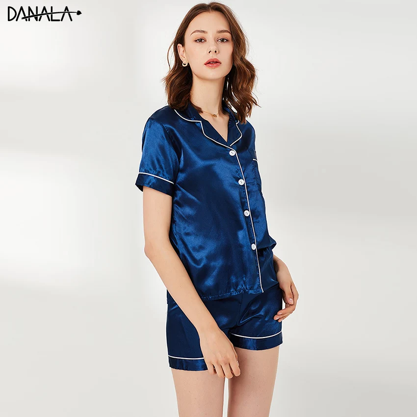 DANALA шелковые атласные женские пижамные комплекты Vogue с отложным воротником и