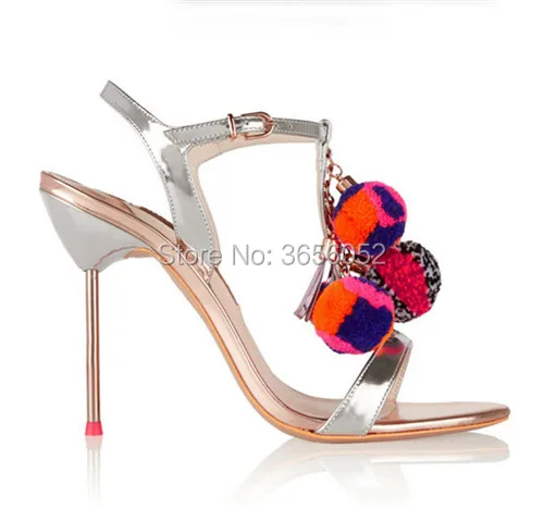 Фото Qianruiti/Модная Милая женская обувь; Летние ботильоны; Zapatos Pom; Женские босоножки на высоком каблуке-шпильке; Цвет черный, серебристый №5