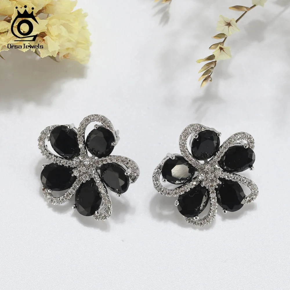 ORSA JEWELS цветочные серьги для женщин AAA овальной огранки черный и прозрачный Циркон 25 мм большие роскошные изысканные великолепные вечерние ювелирные изделия OE180