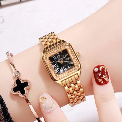 Gold Case Black Dail Relogio Masculino GEDI новые модные роскошные брендовые маленькие квадратные Стразы с циферблатом браслет из нержавеющей стали Кварцевые женские часы saati - Цвет: Gold Case Black Dail