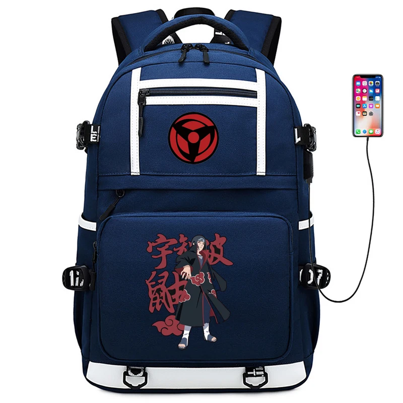 Дорожный рюкзак Uchiha Sasuke для женщин Холщовый школьный ранец с двумя лямками и USB