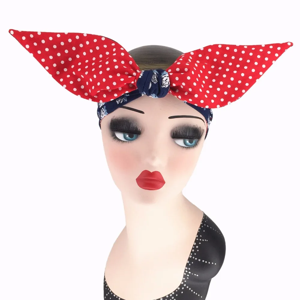 women vintage headband in navy swan and red polka dot rockabilly pinup hair accessories bandana wire inside scarf band wrap |