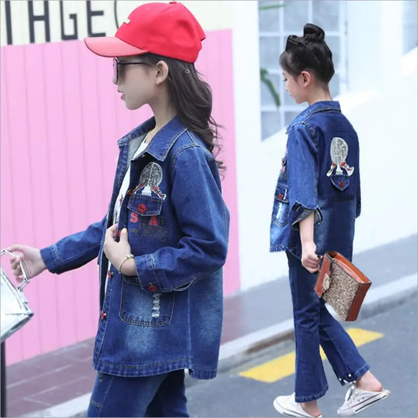 Новинка 2018 джинсовый комплект для девочек на весну-осень детская модная куртка с