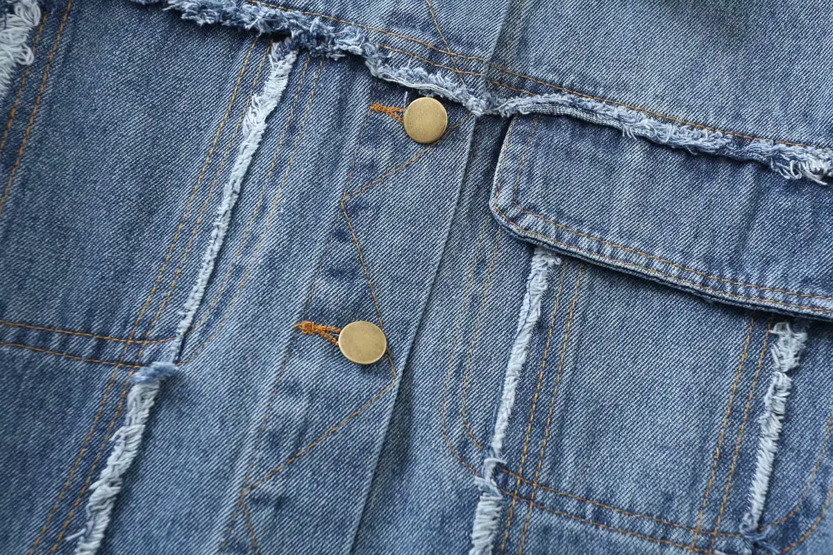 High quality 2020 spring and autumn contrast color sleeve lapel broken denim jacket | Женская одежда