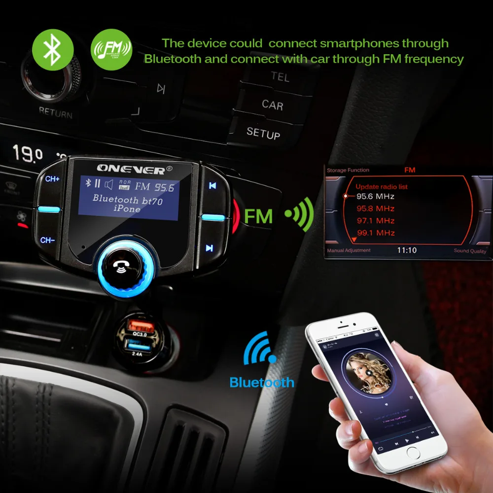 ONEVER FM передатчик Bluetooth Автомобильный MP3 плеер модулятор с qc3.0 Dual USB Автомобильное