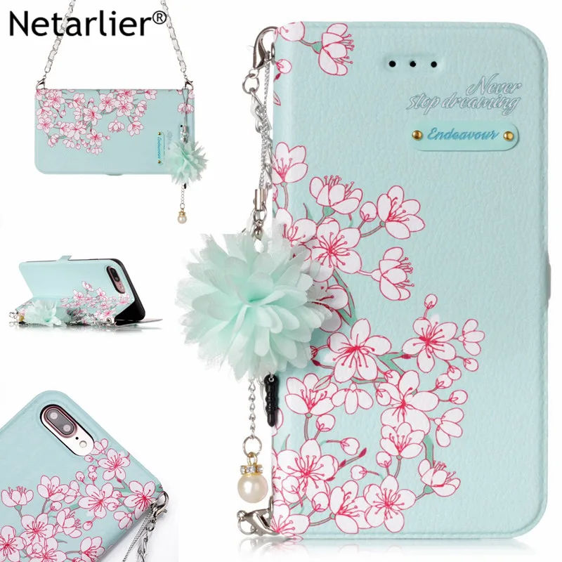 Netarlier чехол бумажник для iPhone 7Plus 8Plus с подставкой и цветами Карманный кожаный