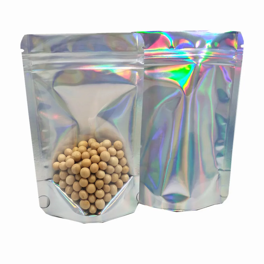 

100Pcs Stand Up Clear Plain Laser Mylar Food Zip Lock Storage Bag Doypack Aluminum Foil Tea Powder Nuts Zipper Packaging Bag
