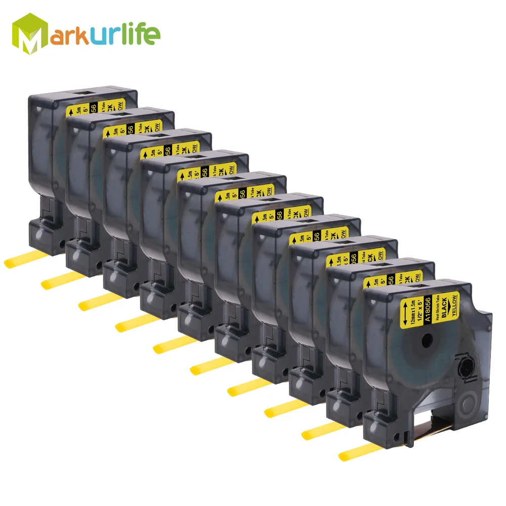 12mm Black on Yellow Совместимый для DYMO промышленные термоусадочные трубки 18055 18056 для LabelWriter и промышленная метка, 1/", 10 рулонов - Цвет: 12mm Black on Yellow