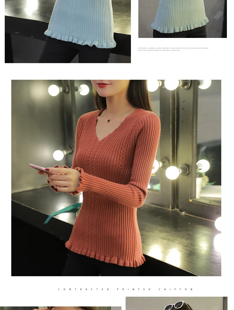 Jersey mujer invierno,, Осень-зима, вязаные женские топы, v-образный вырез, длинный рукав, с оборками, одноцветные, женские свитера и пуловеры