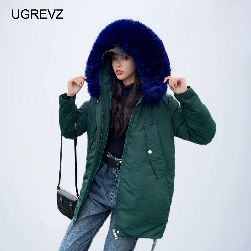 UGREVZ, зимняя куртка, женская верхняя одежда, модная, большой мех, с капюшоном, короткая, парка, Mujer, размера плюс, свободная, с хлопковой подкладкой, Женское пальто