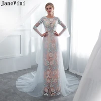 janevini elegant long sleeves bridesmaid dresses a line embroidery flower pattern illusion tulle formal prom gowns court train