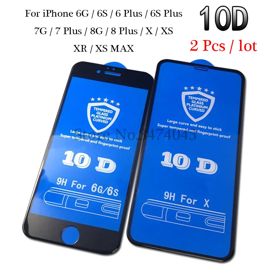 2 шт./лот 10D защитное закаленное стекло для iphone 6 6s 7 8 plus XR Защитная стеклянная пленка на iphone x xs max защита экрана