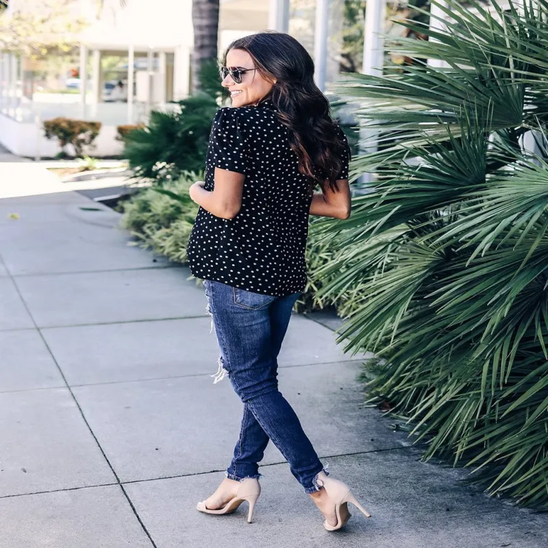 

LOSSKY Summer Short Sleeve Women Chiffon Shirt 2020 Casual Sexy V-neck Bandage Boho Female Tops Fashion Polka Dot Bohemia Shirts