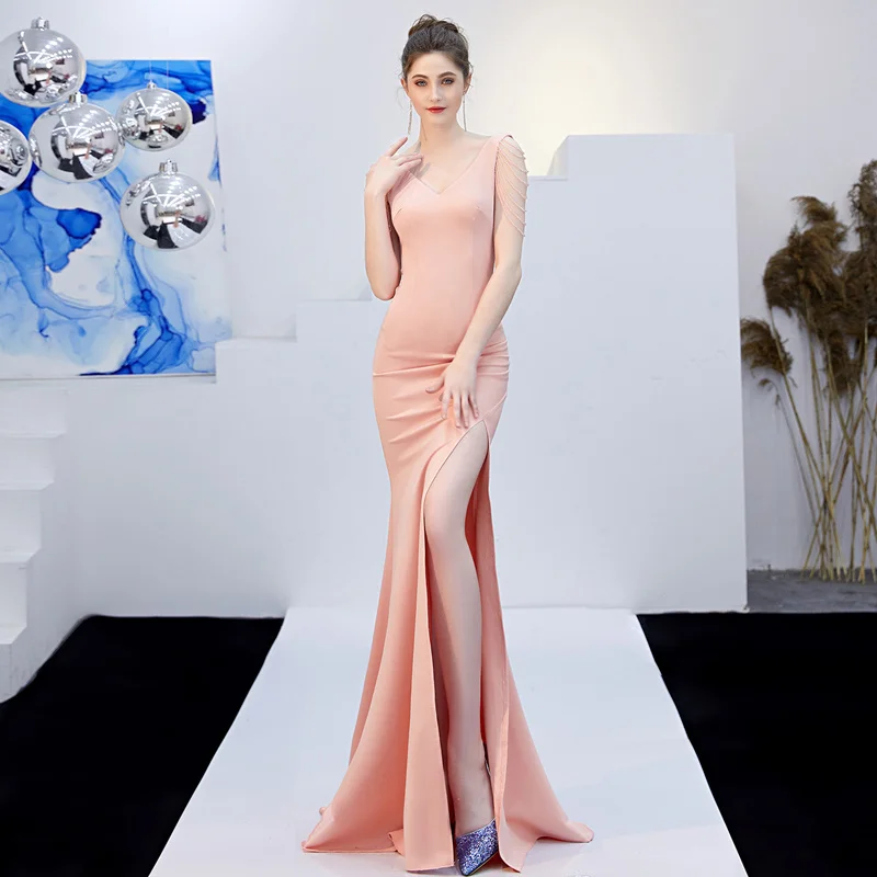 Pink Beauty Emily, новинка, вечерние платья с v-образным вырезом, длинные, с лентами, без рукавов, вечерние платья русалки, 7 цветов, с высоким разрезом, сексуальные, robe de soiree - Цвет: Pink