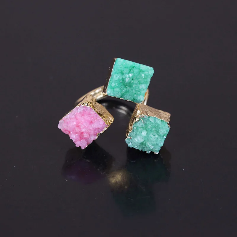 Розничная продажа разноцветные кольца из натурального Друза квадратной формы 24K