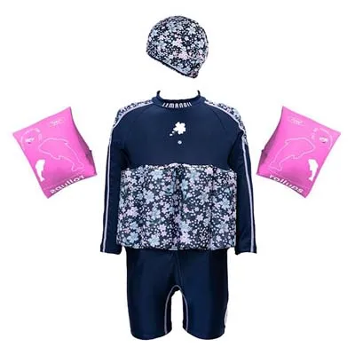 Black blue floral Плавучие купальные костюмы с принтом для девочек Мальчики Купальники Детские тренировочные костюмы для плавания шляпа надувные рукава - Цвет: Black blue floral