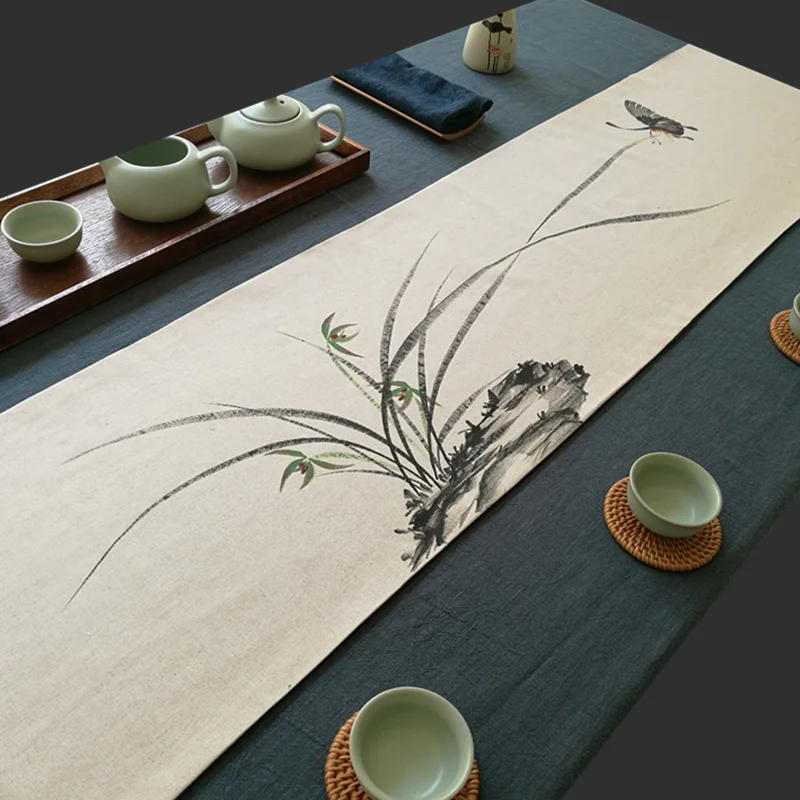 Двухслойный чайный столик из льна с ручной росписью Zen хлопковый коврик флагом