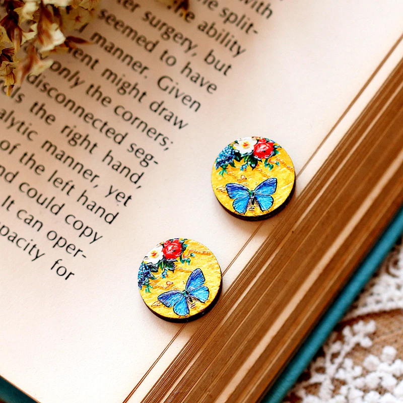 Unique 3D Flower Embossed 16mm Round Coloured Drawing pattern Laser Cut wood Cabochon DIY for Rings Earring Brooch Necklace-324 | Украшения