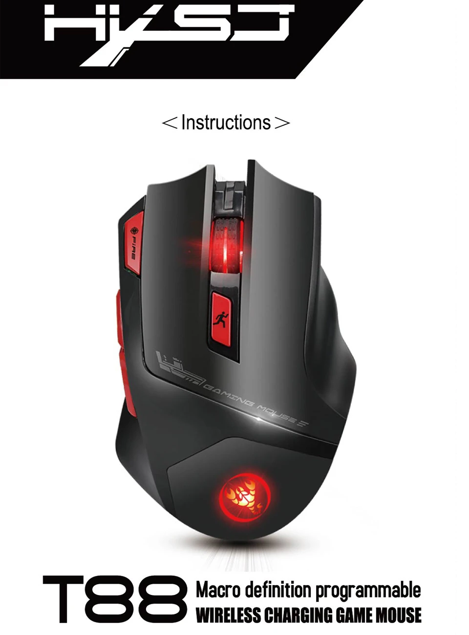 HXSJ T88 Беспроводная игровая мышь 7-Key эргономичный дизайн Поддержка макросъемки 7 цветов подсветки-перезаряжаемая до 4800 точек/дюйм
