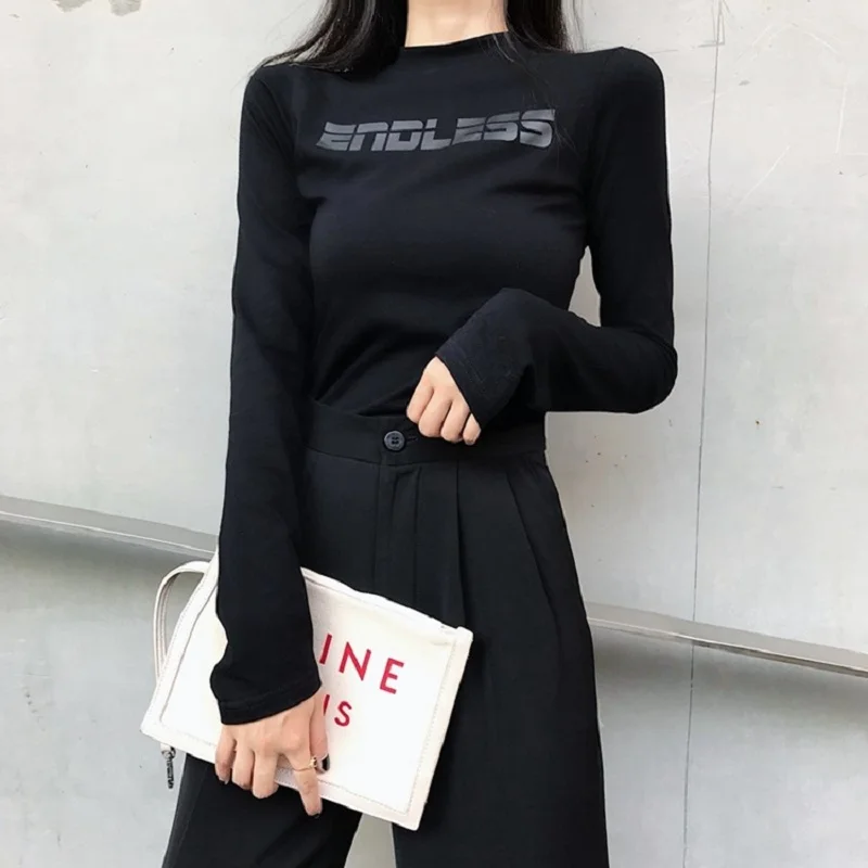 Autumn and winter new letter printing black Slim thin long sleeve bottoming T-shirt women | Женская одежда