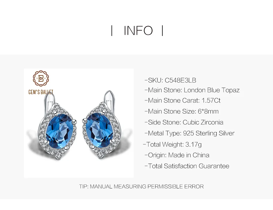 Gem's Ballet 3.15Ct натуральный Лондон Голубой топаз драгоценный камень серьги гвоздики 925 пробы серебряные ювелирные изделия для женщин Свадебные