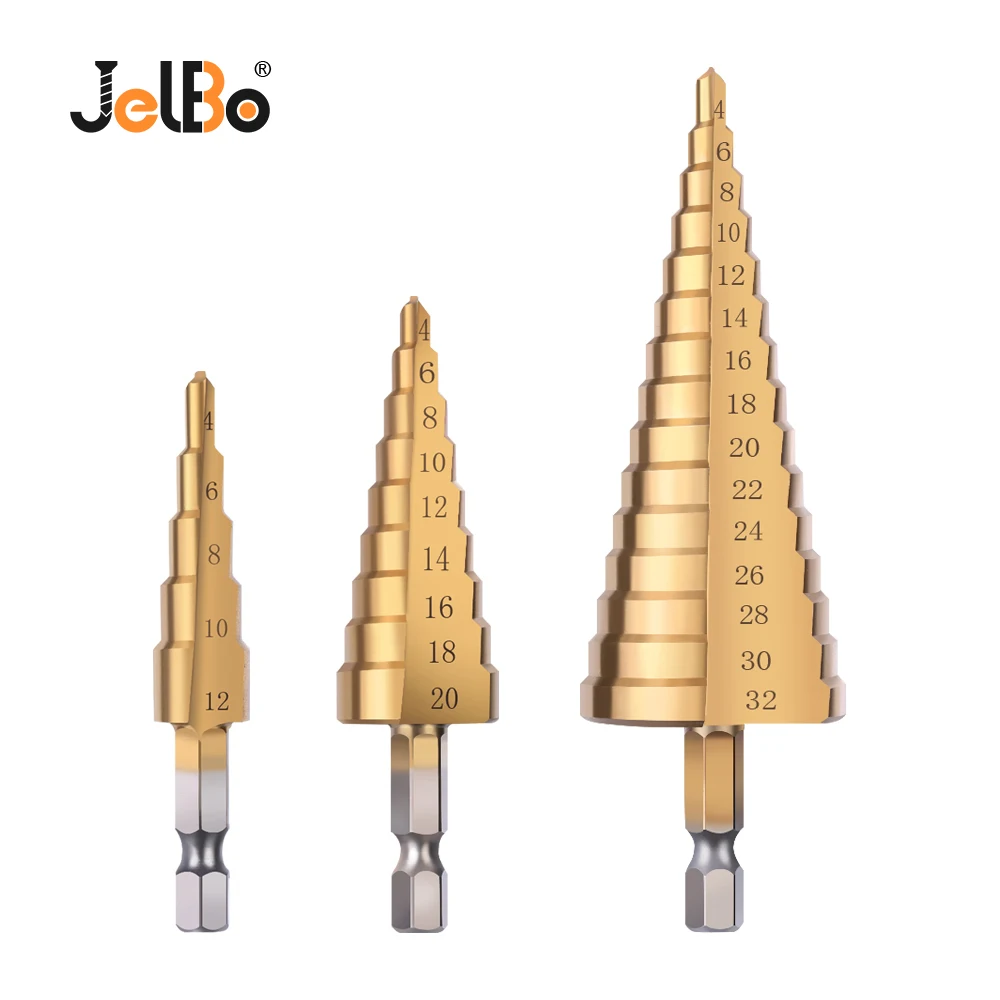 JelBo 3 шт. набор ступенчатых Сверл из быстрорежущей стали, 4-12/4-20/4-32 мм шестигранный хвостовик с титановым покрытием, металлический титановый конусный сверло, набор инструментов