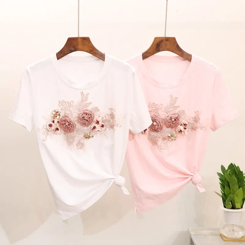 2020 Летняя женская футболка с тяжелой вышивкой бисером цветочные дикие коротким