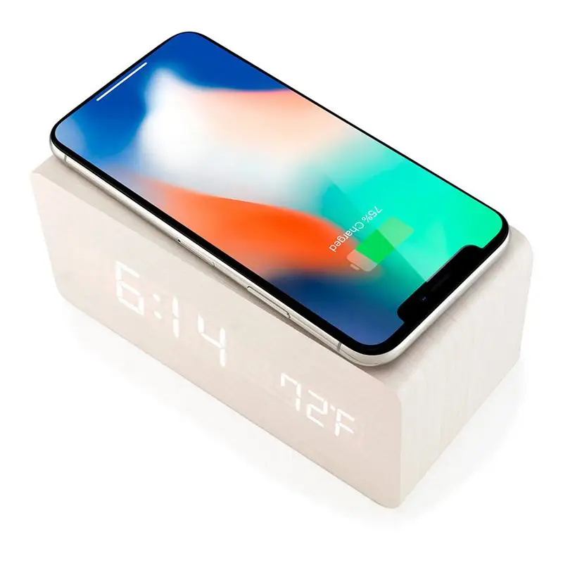 White Деревянный Будильник с Qi беспроводной зарядной панелью совместим с Iphone samsung деревянные светодиодные цифровые часы Функция управления звуком - Цвет: White