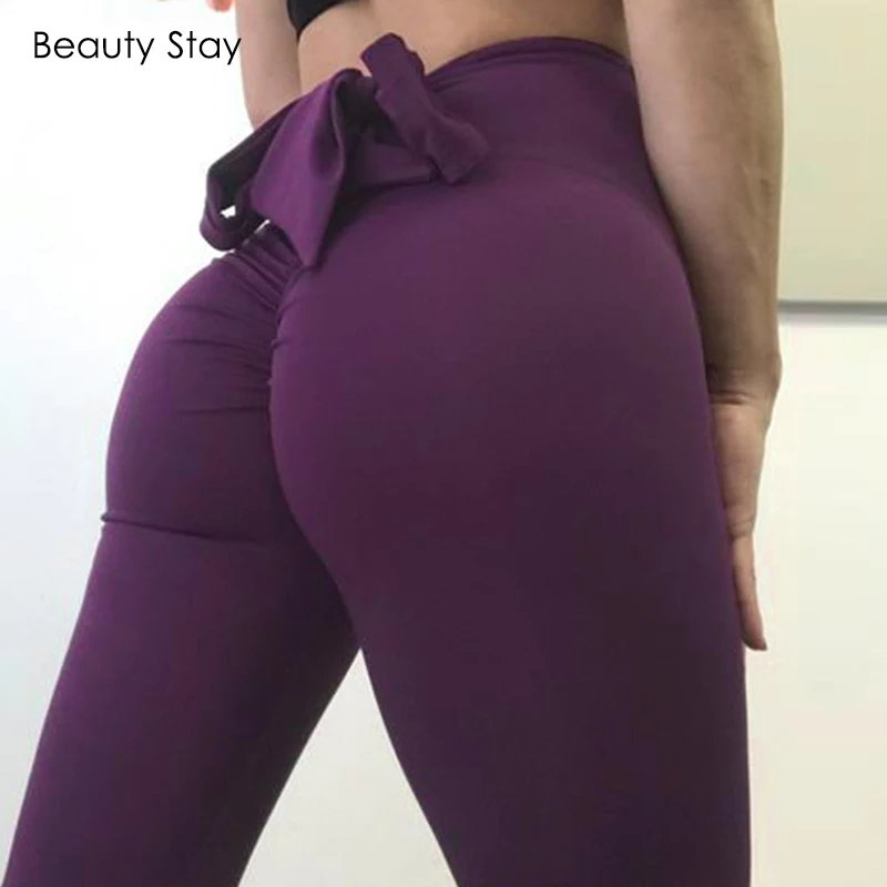 Красота Stay Sexy бантом шифон для женщин леггинсы для тренировки повседневное Push Up высокие эластичные Фиолетовый Бабочка Тощий джоггеры - Цвет: Purple
