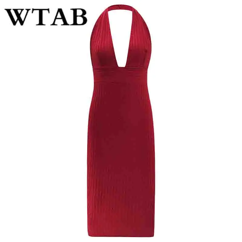 WTAB vestidos Полосатое летнее платье с лямкой на шее женское трикотажное открытой