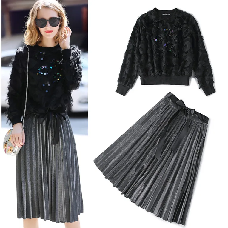 

2 Pieces Clothing Set Women's Sequins Sparkle Tassels Blouses Tops + Shiny Pleated Lace Up Bows Graceful Party Skirt suit NS614