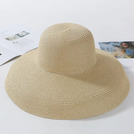 Beige Extend Brim HT2303, новинка, летние женские шляпы от солнца, одноцветные, простые, элегантные, с широкими полями, женская шляпа с Круглым Верхом, Панама, флоппи Соломенная пляжная шляпа для женщин - Цвет: Beige Extend Brim