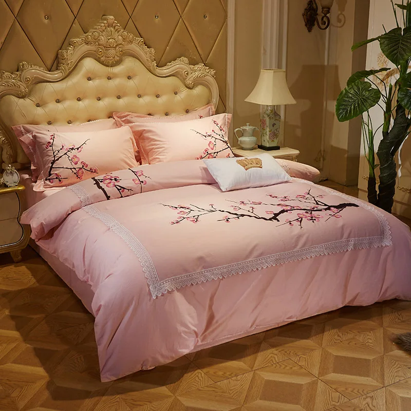Роскошный Египетский хлопок Постельное белье Розовый Синий Серый король queen размер кровать установить лист/постельное белье Восточная вышивка Duver Стёганое одеяло крышка