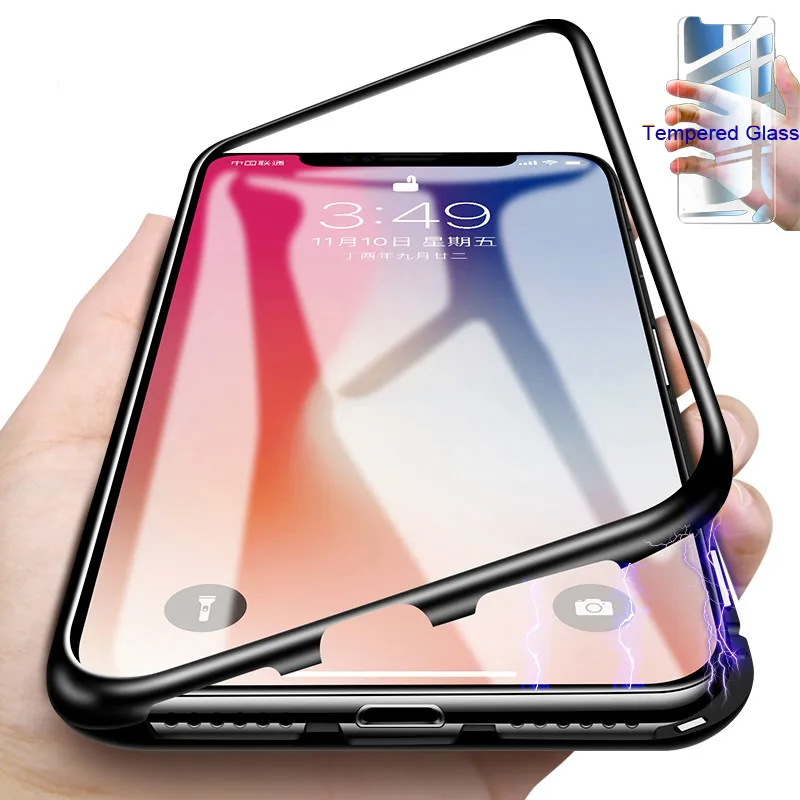 2019 Magnetic Adsorption Phone Case For iPhone X Xs Max Xr 8 7 6 s Plus Metal Magnet Absorption Tempered Glass Flip Cover Capa |