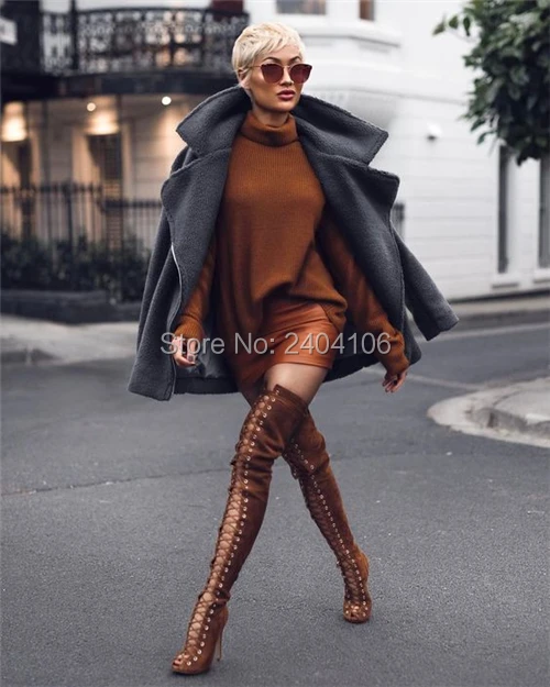 

Sexy Runway Women's Fetish Shoes Autumn Cut Outs Peep Toe Stiletto Heel Over The Knee Bootie Cross-tied Lace-up Thigh High Boots