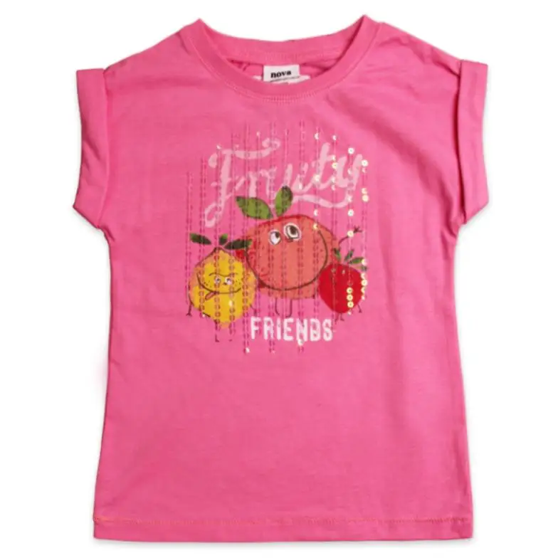 Girls cute short sleeve T-shirt with printing and sequin | Мать и ребенок