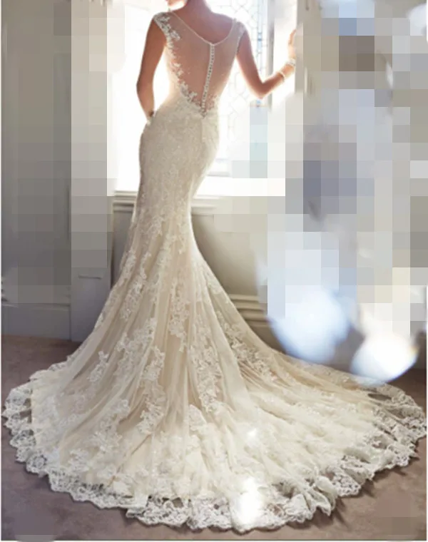 Женское свадебное платье-Русалка с кружевной аппликацией и v-образным вырезом