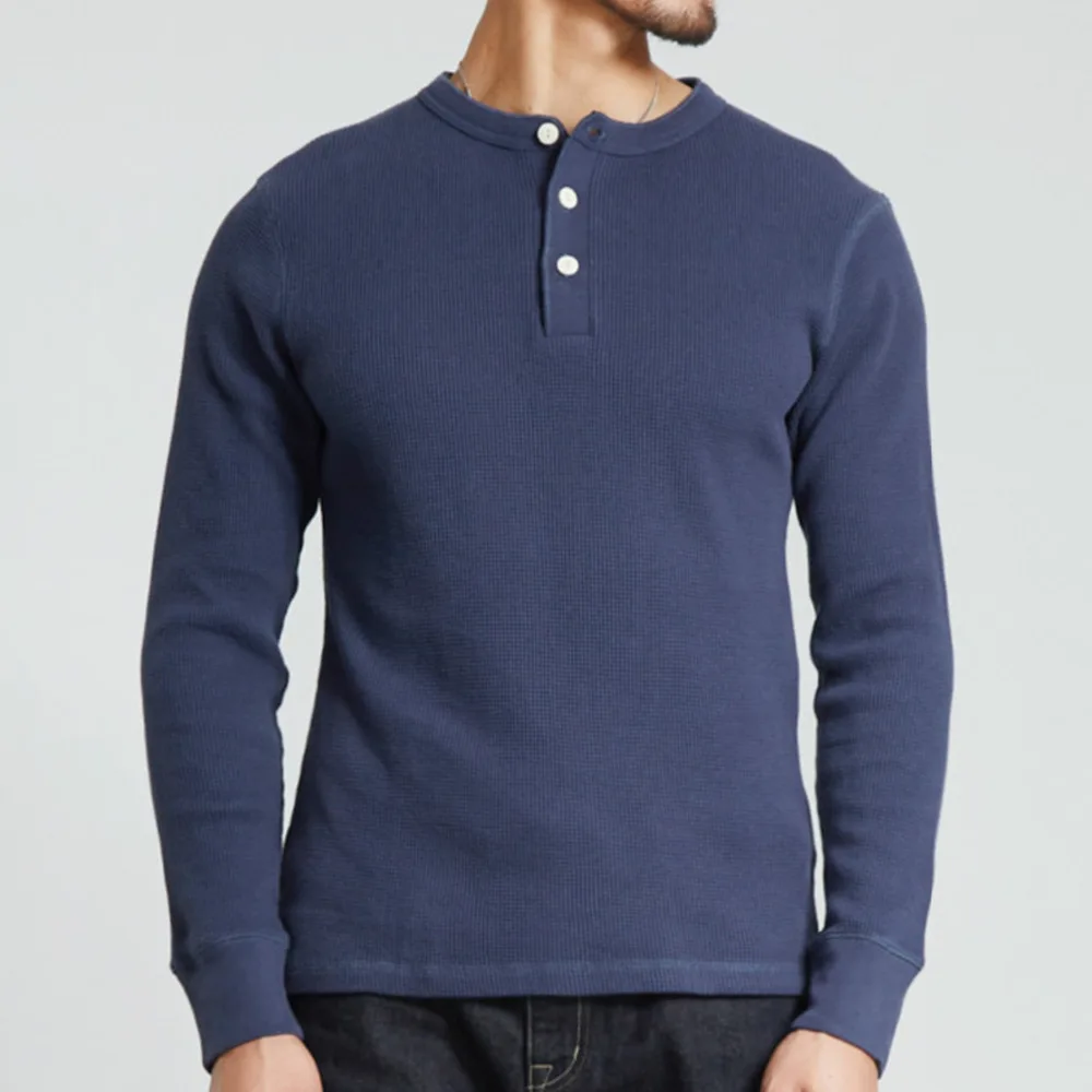 Генри воротник вафельный узор Однотонная футболка с длинным рукавом Хлопок РРЛ