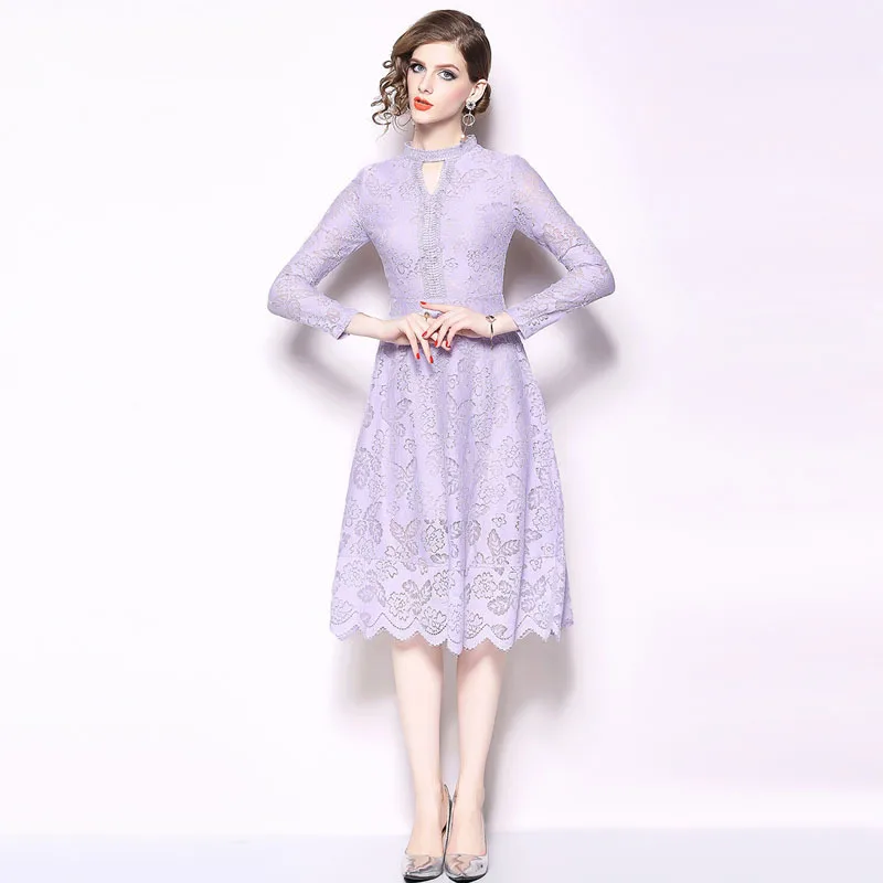 2018 осеннее кружевное платье женское офисвечерние с длинным рукавом v образный