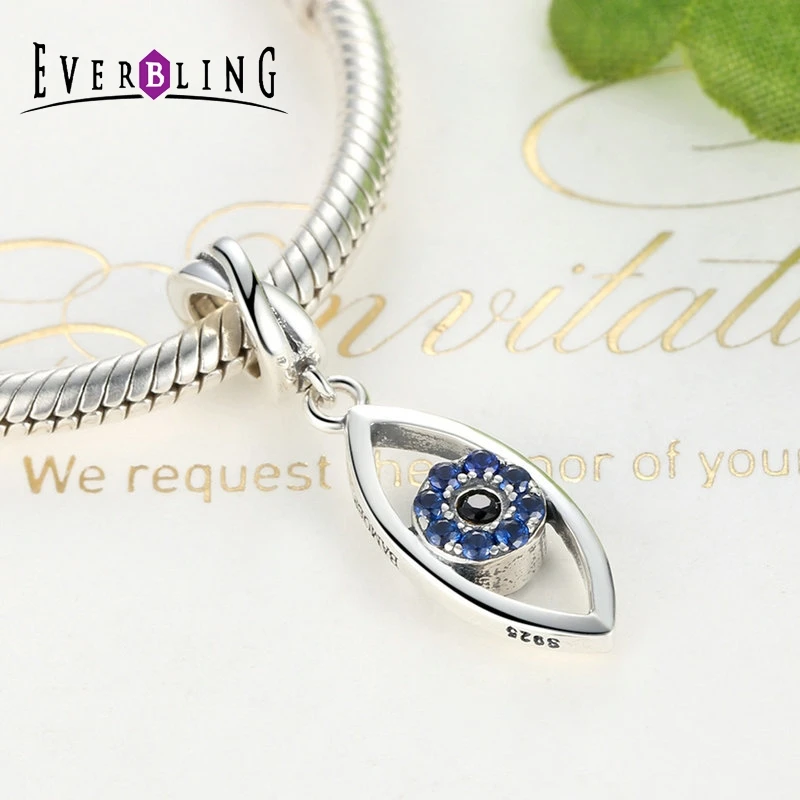 Everbling Jewelry Dark Blue Evil Eye Dangle 100% 925 Sterling Silver Charm Beads Fit European Charms Bracelet Y | Украшения и