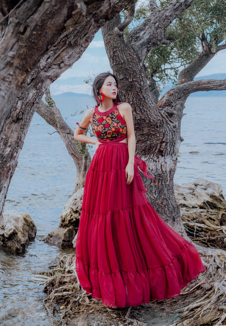 KHALEE YOSE Boho Макси платье летние винтажные вышитые платья шифоновые многоярусные завязанные без рукавов Midriff сексуальное платье Хиппи для женщин