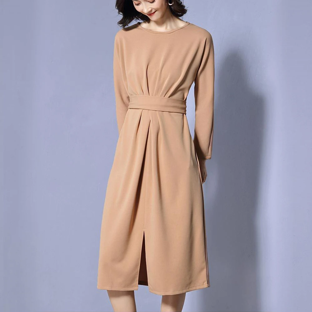 Женское Хлопковое платье с круглым вырезом длинным рукавом и разрезом|Женские