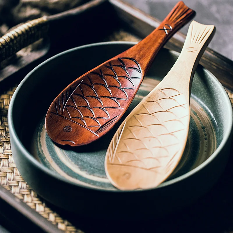1 шт., милая рисовая ложка в форме рыбы, Китайская рисовая лопатка, деревянная рисовая ложка, десертная Картофельная сервировочная кухонная ложка, посуда