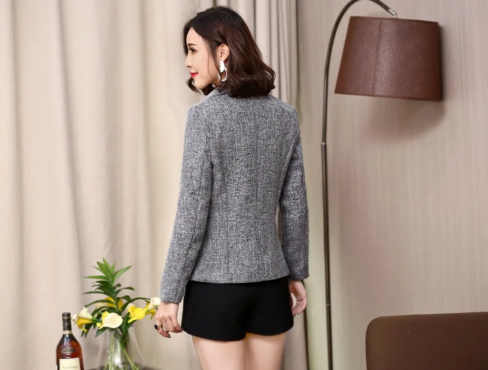 Винтажный стильный офисный женский серый деловой пиджак маленький блейзер с