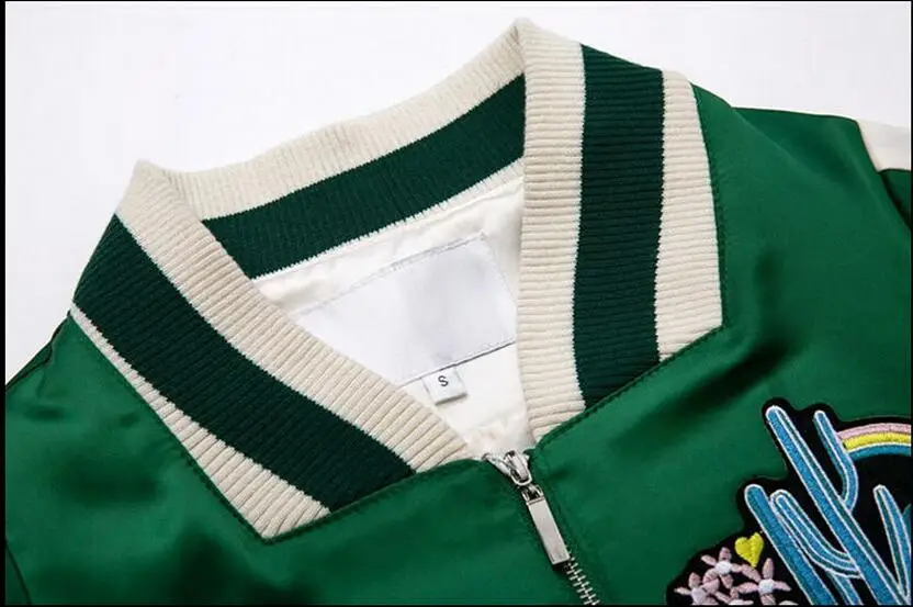 Женские кактус вышитые Курточка бомбер Атлас бейсбольная форма весеннее пальто