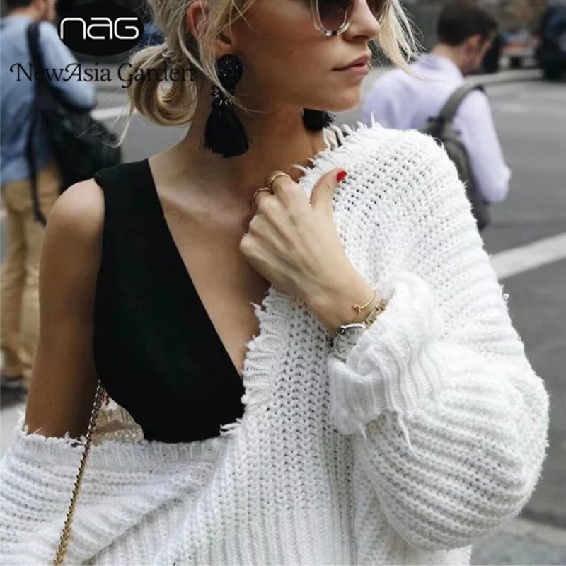 NewAsia Garden Sexy V Neck Loose Fit Sweater Autumn Spring Jumper Long Batwing Sleeve Tassel Winter Knitwear Pullover Outfits | Женская