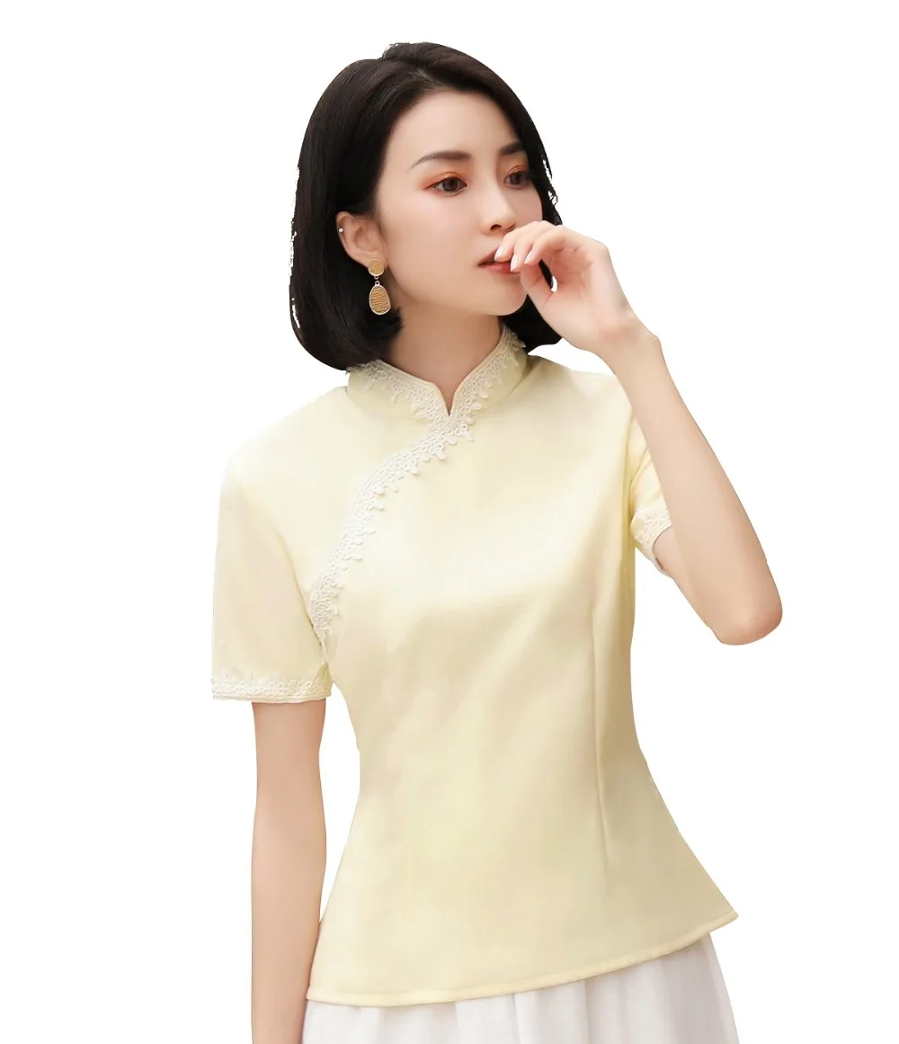 Шанхай история короткий рукав искусственный шелк cheongsam топ решетка Традиционный