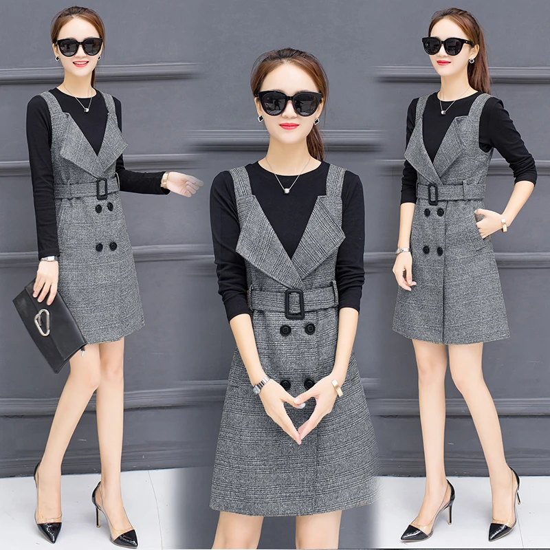 

autumn suit new wear long sleeve blouse turn down collar dress with belt shoulder-straps student fashion dress two-piece outfit