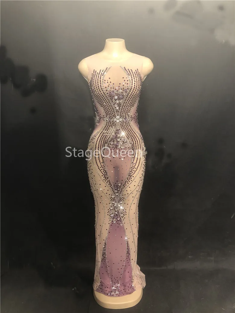 Женское блестящее фиолетовое Сетчатое длинное платье со стразами для дня